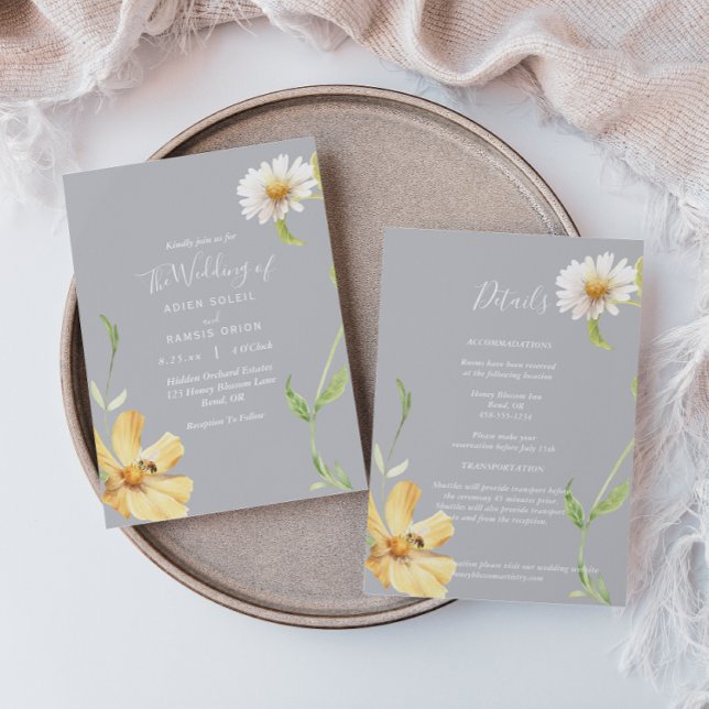 Invitation Élégant Daisy | Détails gris tout en un Mariage (Créateur téléchargé)