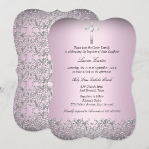 Invitation Élégant Damas & Baptême rose croisé/Baptême 2