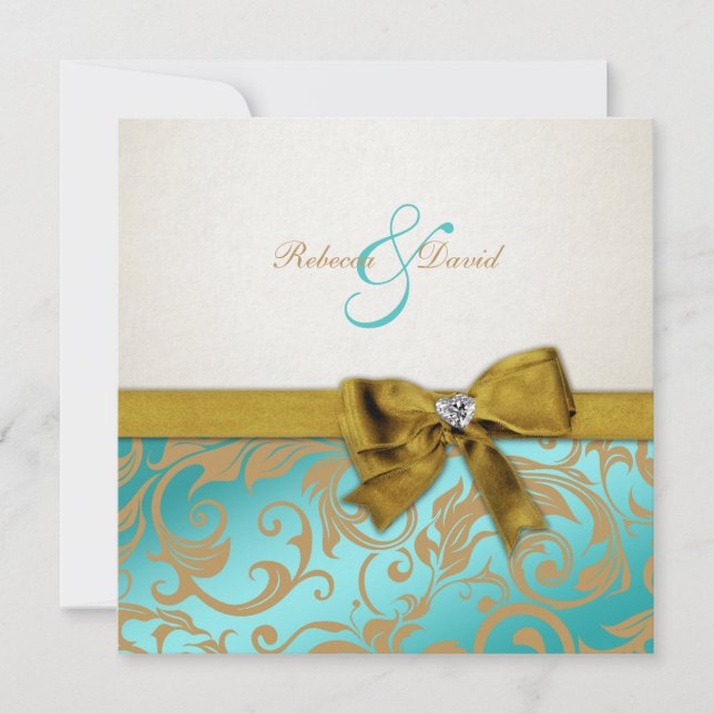 Invitation Élégant Damas bleu Turquoise avec arc diamant (Devant)