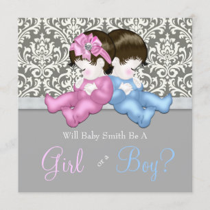 Invitation Élégant Damas gris révèle une douche à l'effigie d