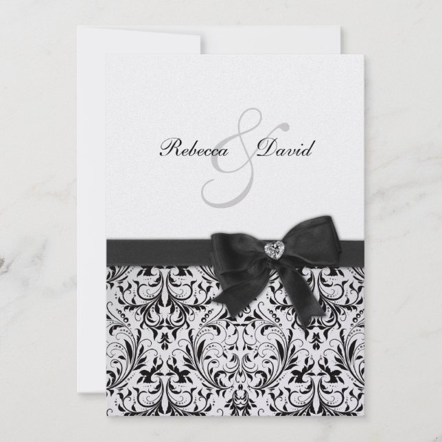 Invitation Élégant Damas noir et blanc avec arc en diamant (Devant)