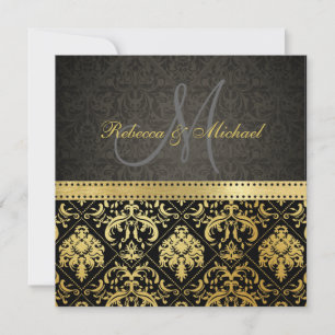 Invitation Élégant Damas noir et or avec monogramme