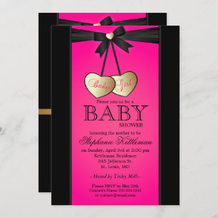 Invitation Élégant Damas noir et rose Baby shower