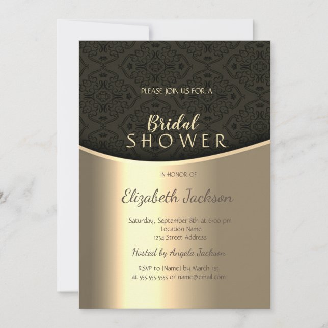 Invitation Élégant damas noir or shower de mariage (Devant)