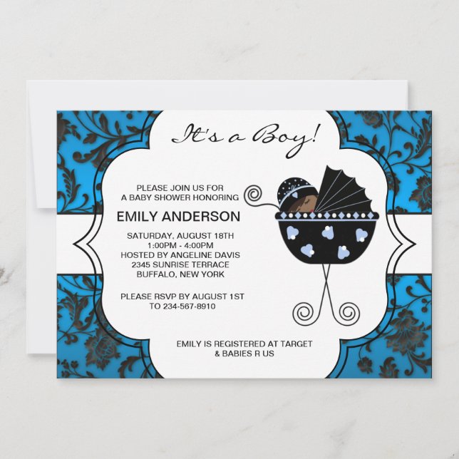 Invitation Elégant Damask Blue Black Baby Boy Douche (Devant)