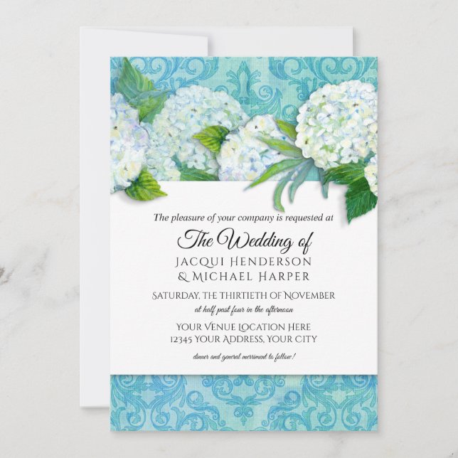 Invitation Elégant Damask Blue White Hydrangea Floral Mariage (Devant)