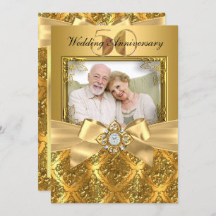 Invitation Elégant Damask & Bow Photo Gold 50e anniversaire