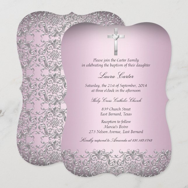 Invitation Élégant Damask & Croix Rose Baptême 2 (Devant / Derrière)