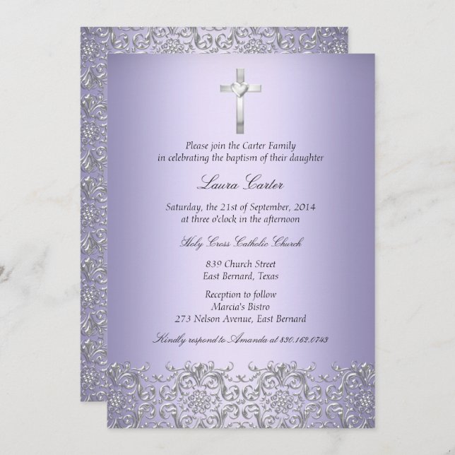 Invitation Elégant Damask Cross Purple Baptême/Christening (Devant / Derrière)