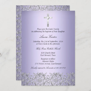 Invitation Elégant Damask Cross Purple Baptême/Christening