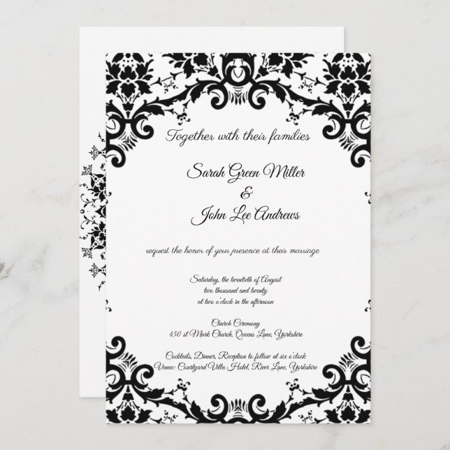 Invitation Elégant Damask Floral Black & White Mariage (Devant / Derrière)