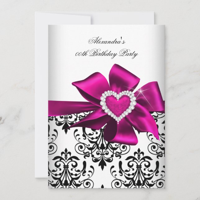 Invitation Elégant Damask Pink Heart Jewel Anniversaire (Devant)