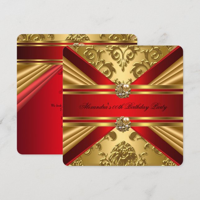 Invitation Elégant Damask Regal Red Gold Floral Anniversaire  (Devant / Derrière)