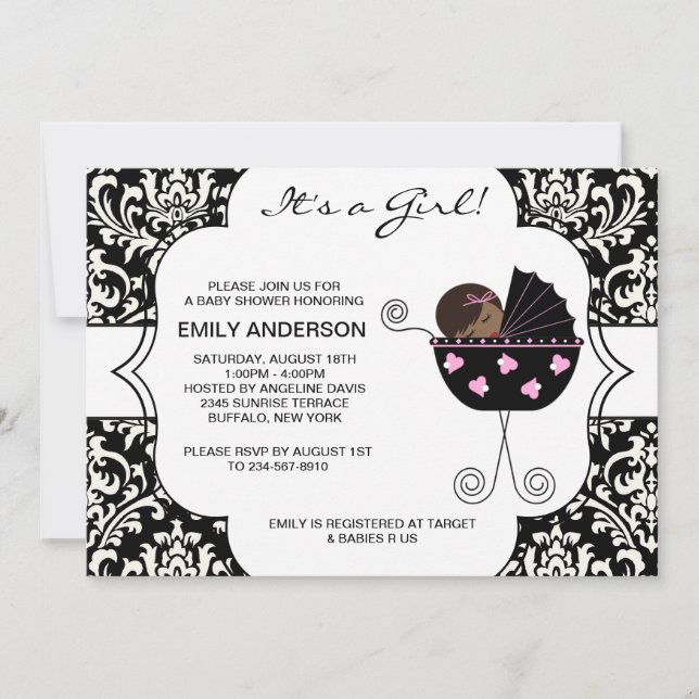 Invitation Elégant Damask Rose Black Baby Girl Douche (Devant)