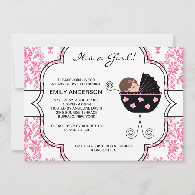 Invitation Elégant Damask Rose Black Baby Girl Douche (Devant)