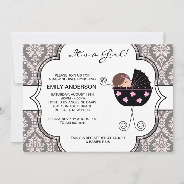 Invitation Elégant Damask Rose Black Baby Girl Douche (Devant)