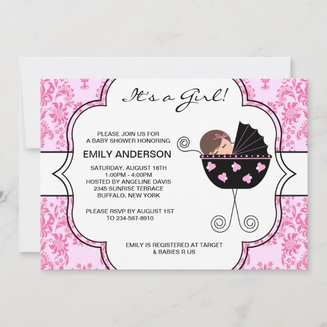 Invitation Elégant Damask Rose Black Baby Girl Douche (Devant)