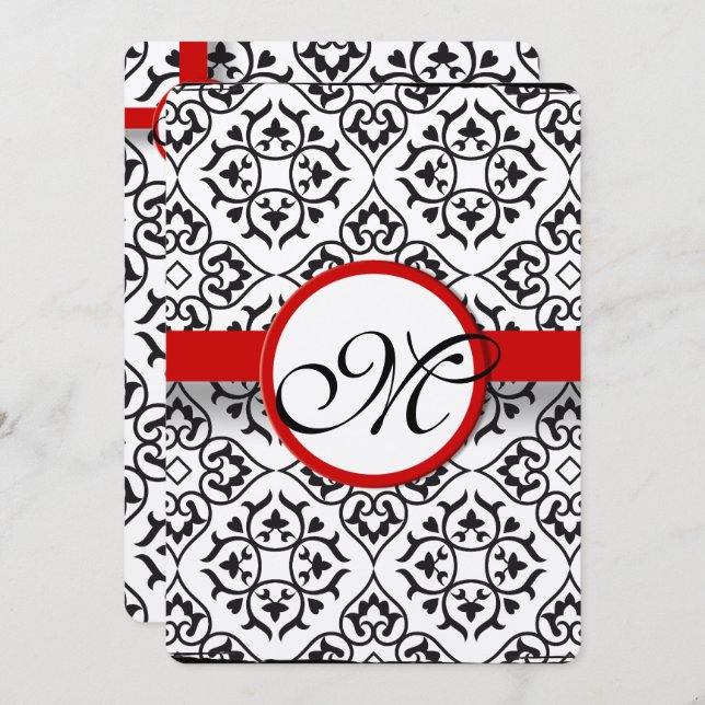 Invitation Elégant Damask Side Borders Red Trim Mariage (Devant / Derrière)