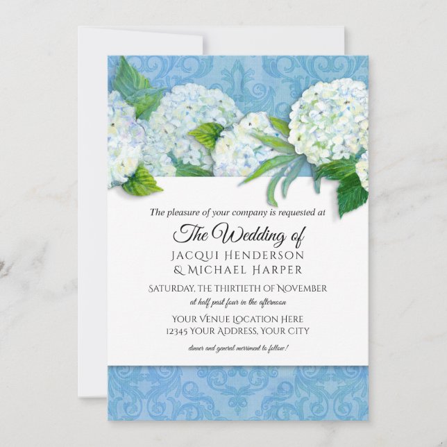 Invitation Elégant Damask Sky Blue Hydrangea Floral Mariage (Devant)