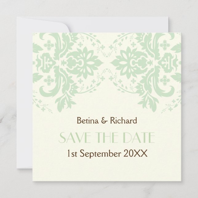 Invitation Élégant damasquiné mint ivory mariage Save the Dat (Devant)