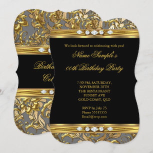 Invitation Elégant Damassé Feuille d'Or Diamant Noir Annivers