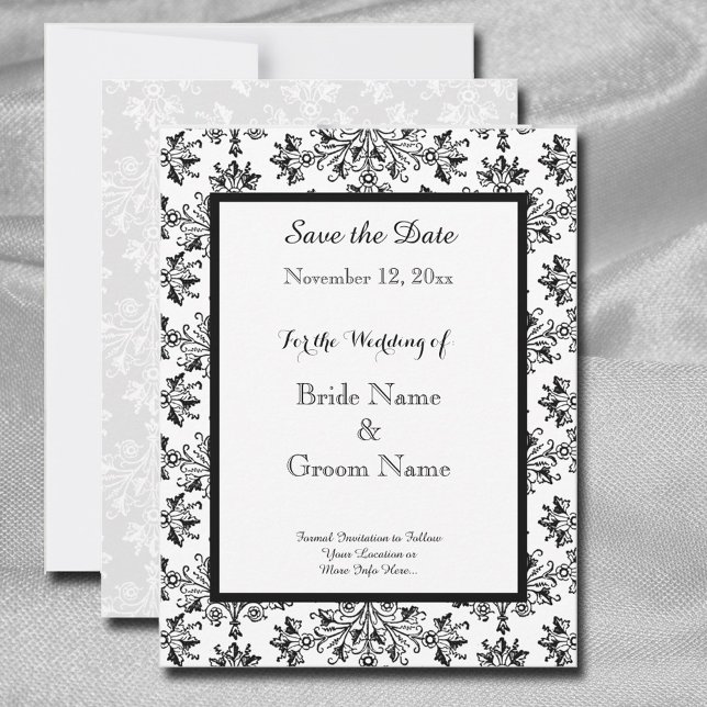 Invitation Élégant Damassé Noir Blanc Enregistrez la Date Per (Créateur téléchargé)