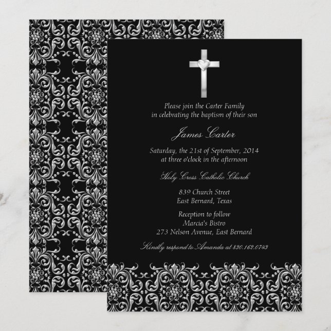 Invitation Élégant Damassé Noir & Croix Baptême (Devant / Derrière)