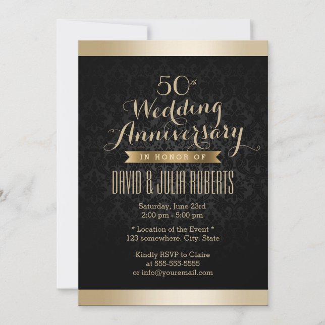 Invitation Élégant Damassé Noir & Or Mariage Anniversaire (Devant)