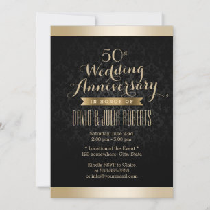 Invitation Élégant Damassé Noir & Or Mariage Anniversaire