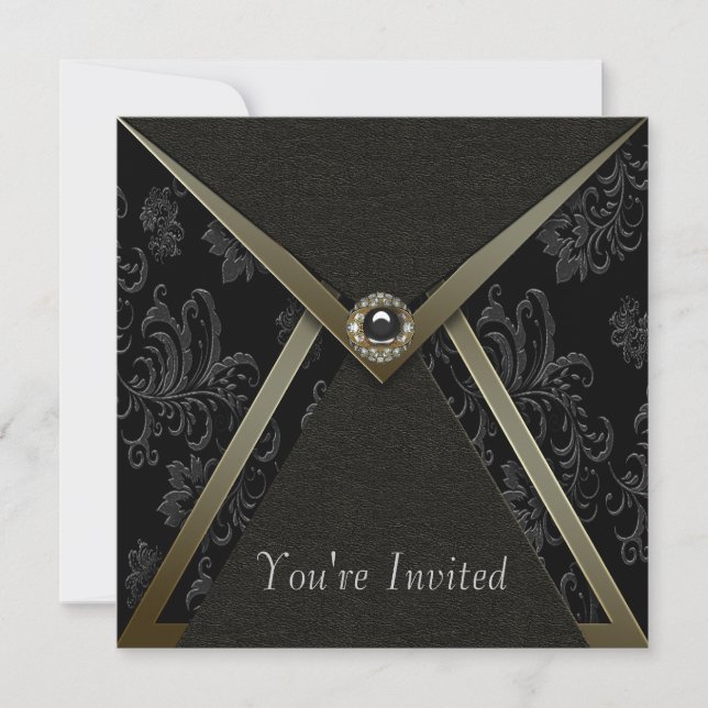Invitation Élégant Damassé Noir Soirée Noir et Or (Devant)