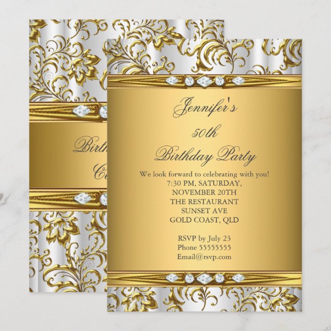 Invitation Elégant Damassé Or Blanc Diamant Argent Anniversai (Devant / Derrière)