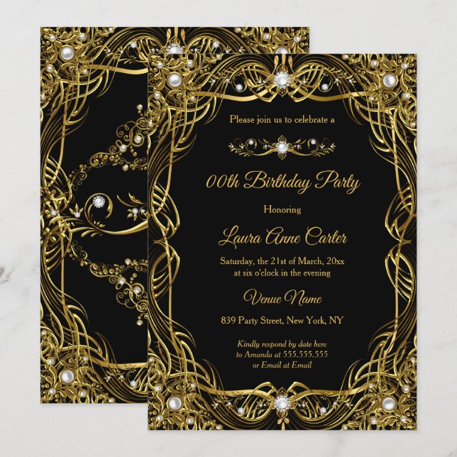 Invitation Elégant Damassé Perle d'Or Noir Anniversaire (Devant / Derrière)