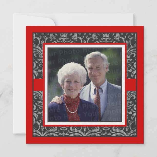 Invitation Élégant Damassé Rouge et Noir pour Mariage et Anni (Devant)