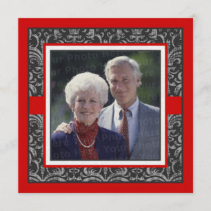 Invitation Élégant Damassé Rouge & Noir pour Mariage et Anniv