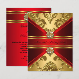 Invitation Elégant Damassé Royal Fleur Rouge Or Anniversaire