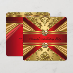 Invitation Elégant Damassé Royal Rouge Or Floral Anniversaire