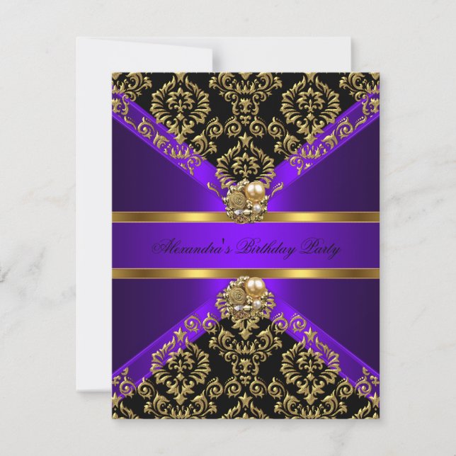 Invitation Elégant Damassé Violet Or Noir Anniversaire (Devant)