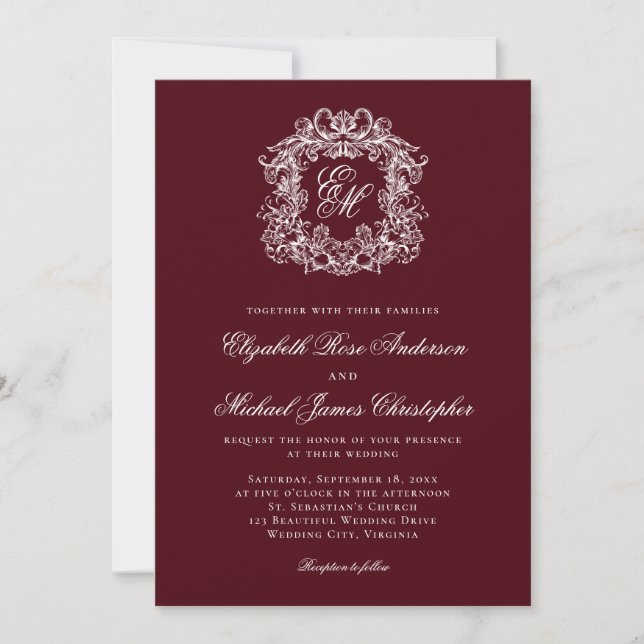 Invitation Elegant Dark Burgundy Monogram Crest Wedding (Devant)