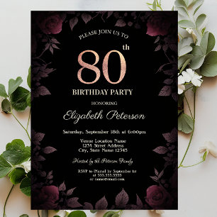 Invitation Elégant Dark Burgundy Rose Noir 80e anniversaire