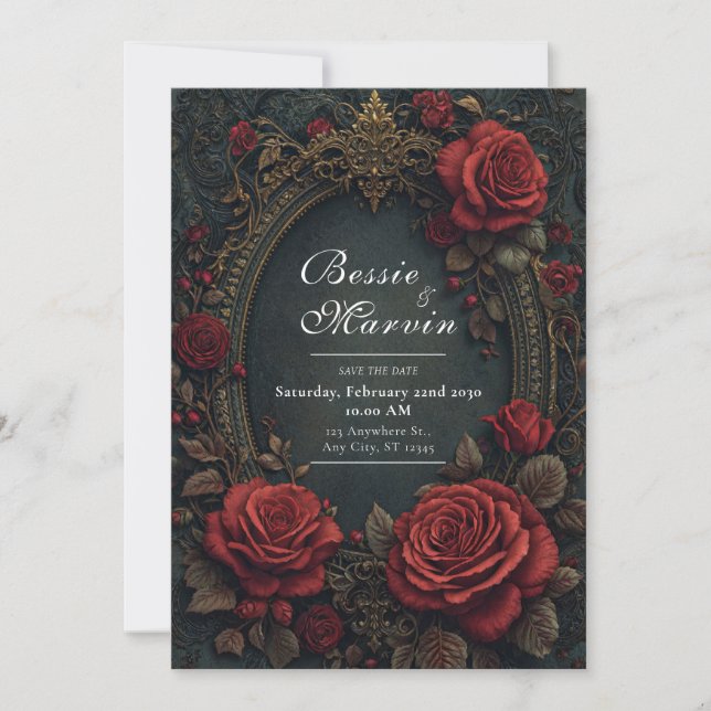 Invitation Elegant Dark Gothic Burgundy Rose Oval Wedding (Devant)