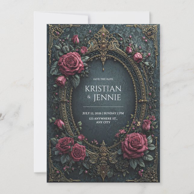 Invitation Elegant Dark Gothic Burgundy Rose Oval Wedding (Devant)