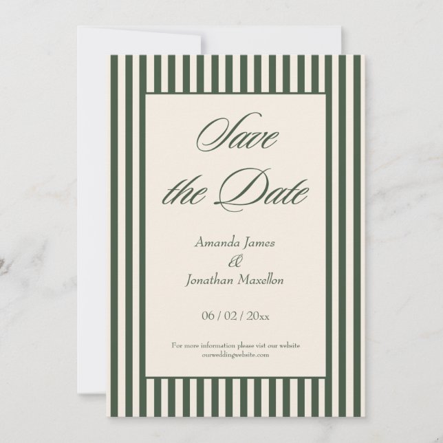 Invitation Elegant Dark Green and Cream Stripes Save the Date (Devant)
