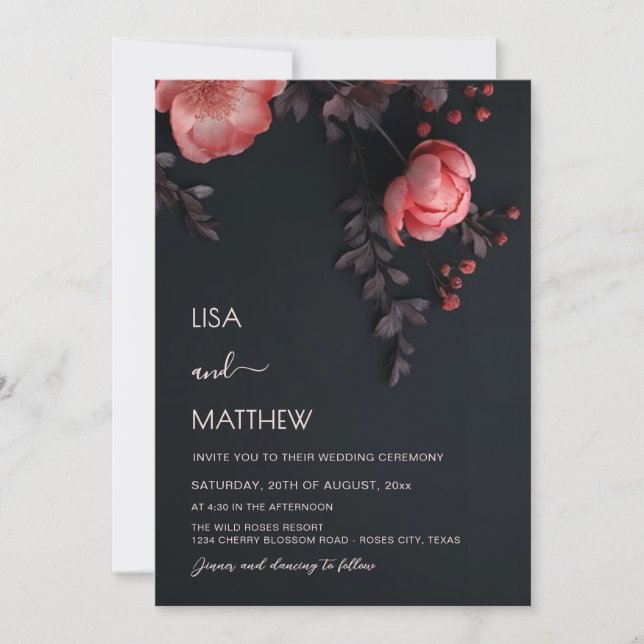 Invitation Elegant Dark Moody 3D Roses Wedding (Devant)