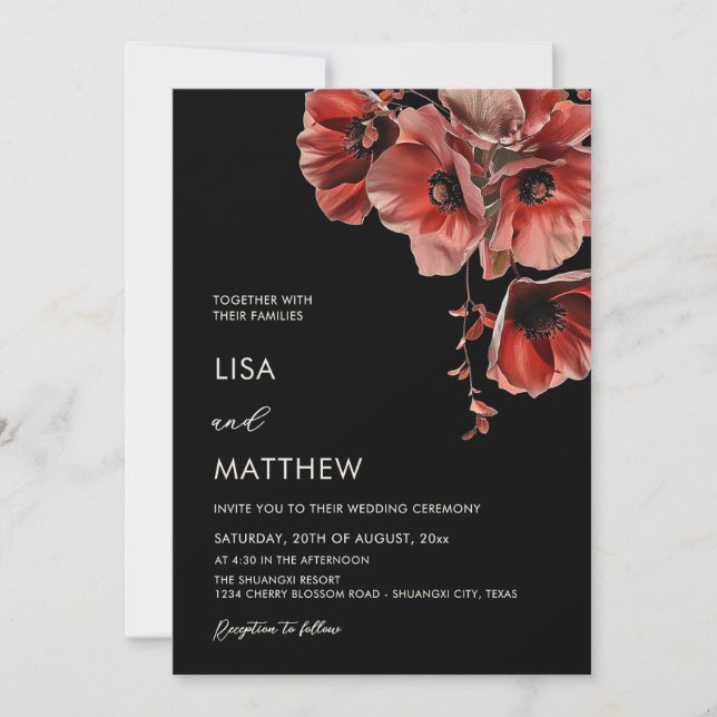 Invitation Elegant Dark Moody Red Flowers  (Devant)