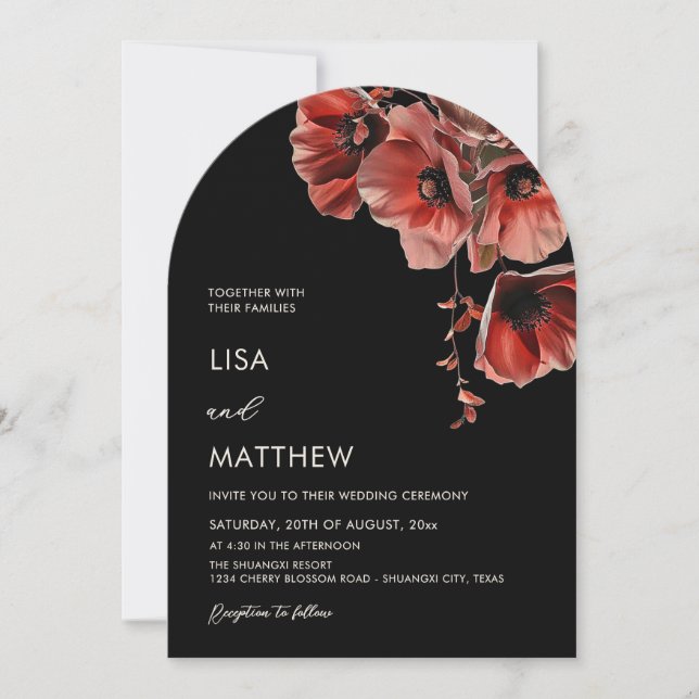 Invitation Elegant Dark Moody Red Flowers Arched (Devant)