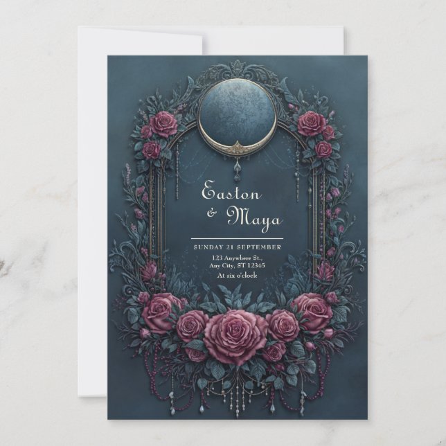 Invitation Elegant Dark Navy Burgundy Floral Evening Wedding (Devant)