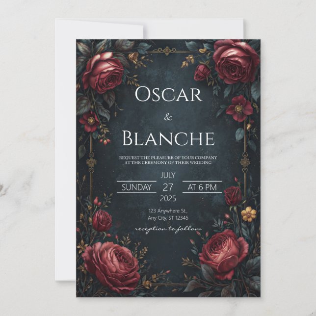 Invitation Elegant Dark Navy Burgundy Floral Golden Wedding (Devant)