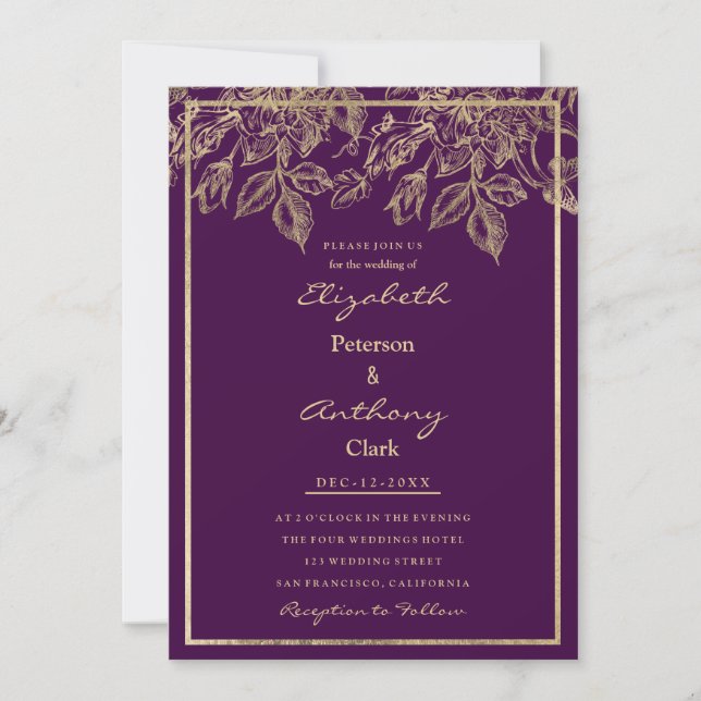 Invitation Elegant dark purple gold luxury floral Wedding (Devant)