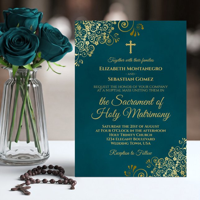 Invitation Elegant Dark Teal & Gold Modern Catholic Wedding (Créateur téléchargé)