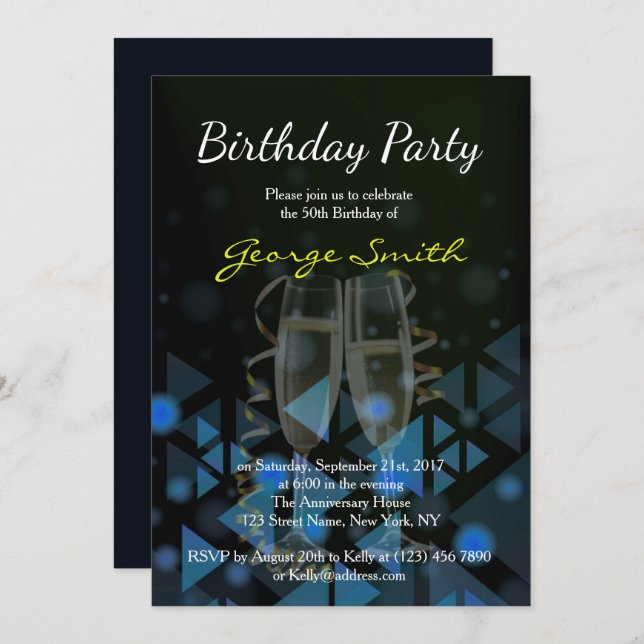 Invitation élégant de fête d'anniversaire de bleu (Devant / Derrière)